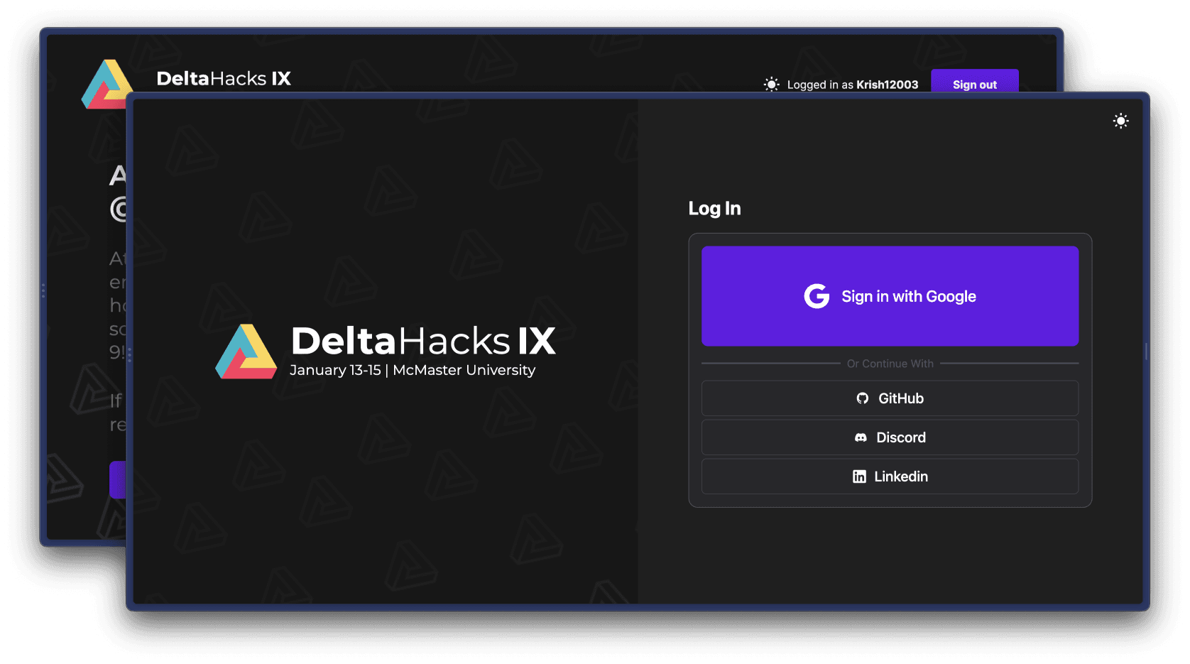 A screenshot of the DeltaHacks portal.